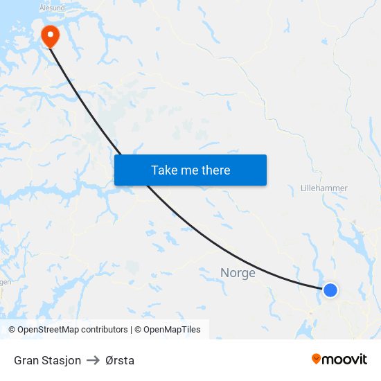 Gran Stasjon to Ørsta map