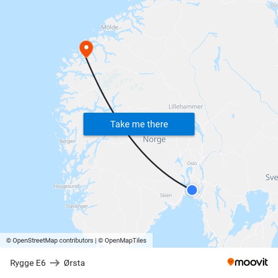 Rygge E6 to Ørsta map