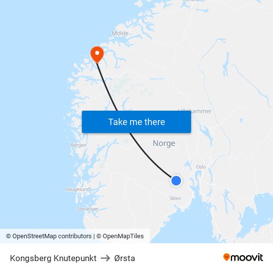 Kongsberg Knutepunkt to Ørsta map