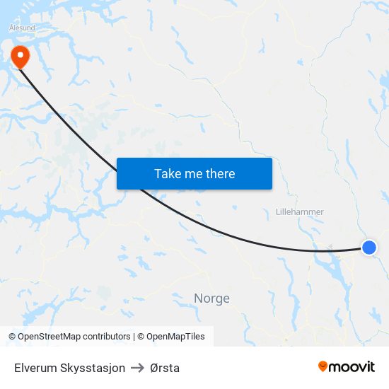 Elverum Skysstasjon to Ørsta map