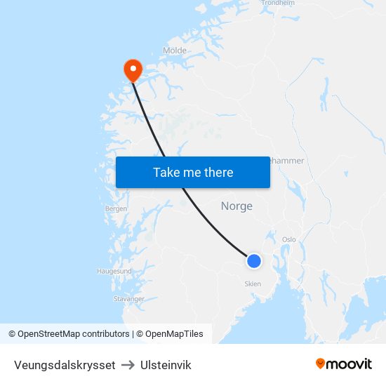 Veungsdalskrysset to Ulsteinvik map