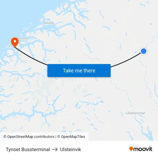 Tynset Bussterminal to Ulsteinvik map