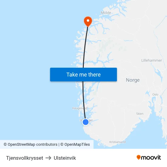 Tjensvollkrysset to Ulsteinvik map