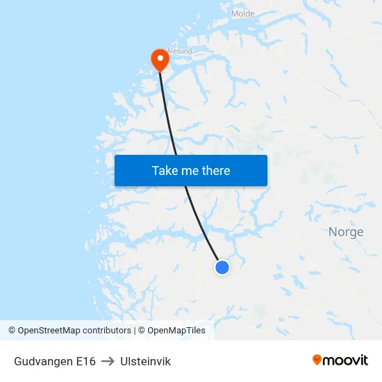 Gudvangen E16 to Ulsteinvik map