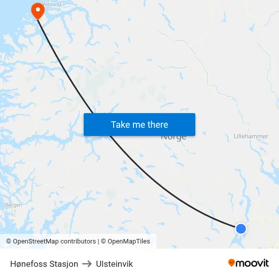 Hønefoss Stasjon to Ulsteinvik map