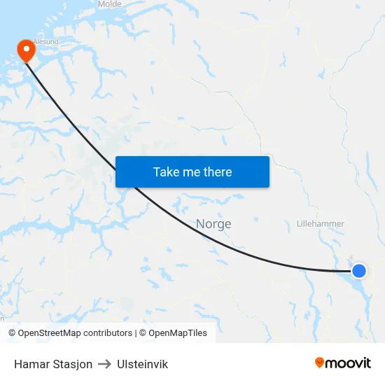 Hamar Stasjon to Ulsteinvik map