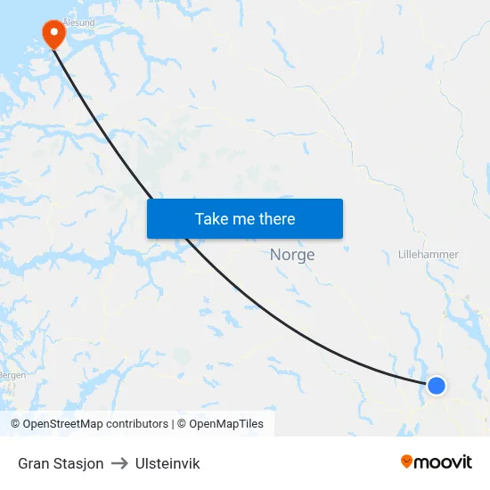 Gran Stasjon to Ulsteinvik map