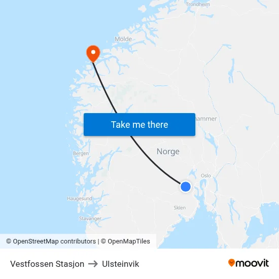 Vestfossen Stasjon to Ulsteinvik map