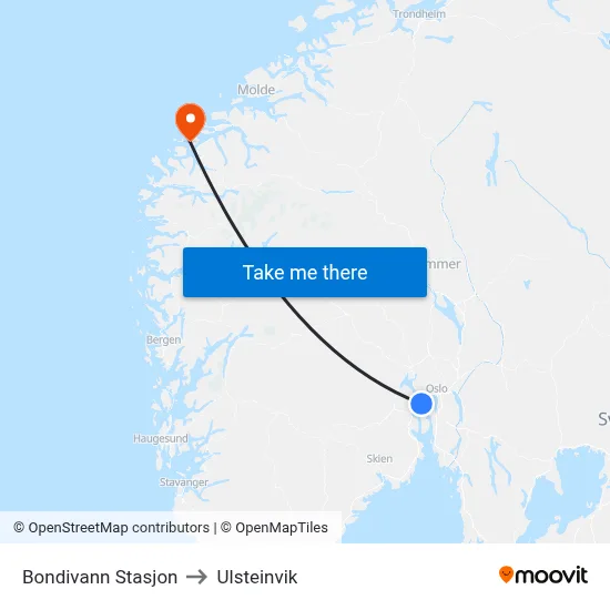 Bondivann Stasjon to Ulsteinvik map