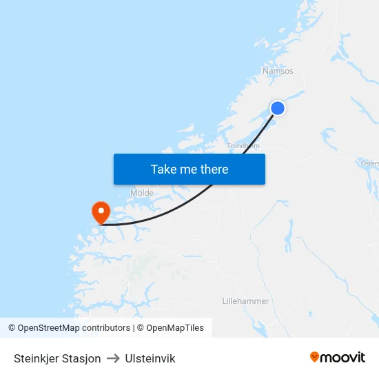 Steinkjer Stasjon to Ulsteinvik map