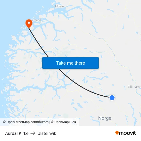 Aurdal Kirke to Ulsteinvik map