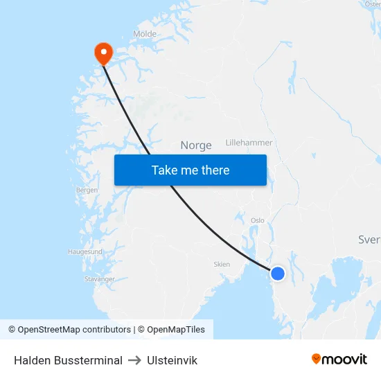 Halden Bussterminal to Ulsteinvik map