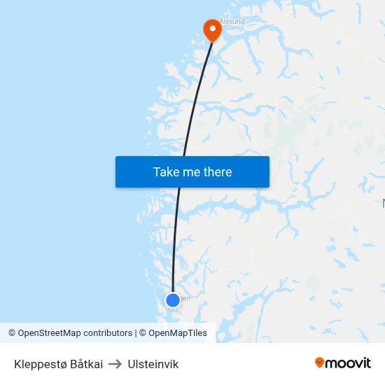 Kleppestø Båtkai to Ulsteinvik map