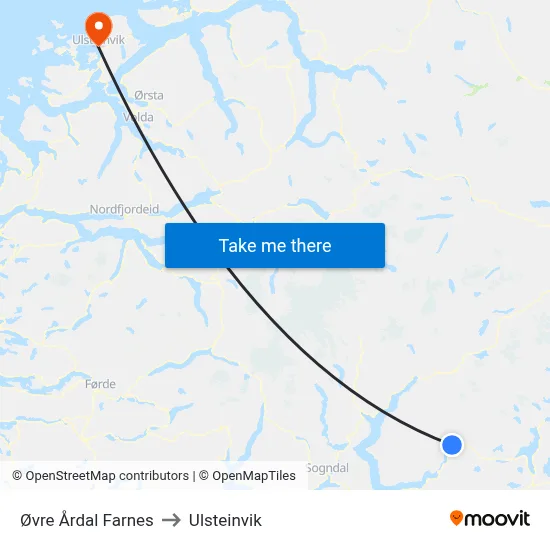 Øvre Årdal Farnes to Ulsteinvik map