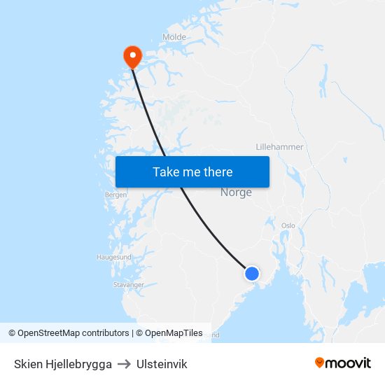 Skien Hjellebrygga to Ulsteinvik map