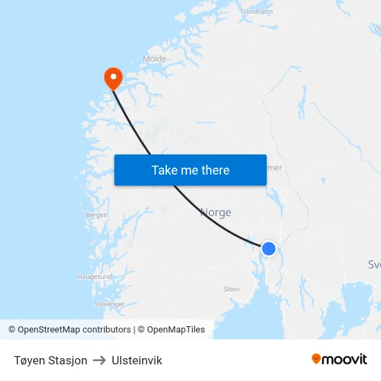 Tøyen Stasjon to Ulsteinvik map