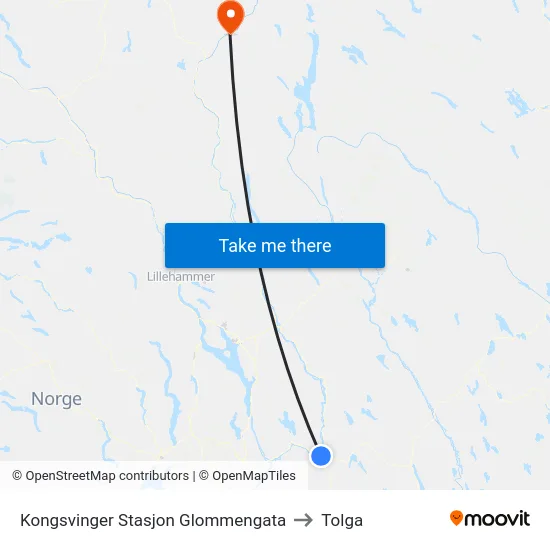 Kongsvinger Stasjon Glommengata to Tolga map