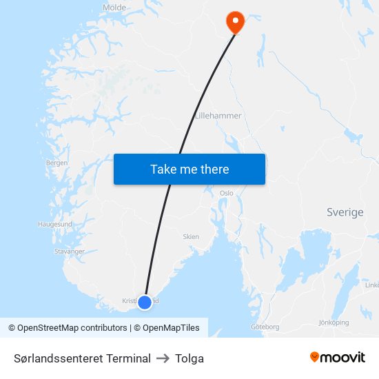 Sørlandssenteret Terminal to Tolga map