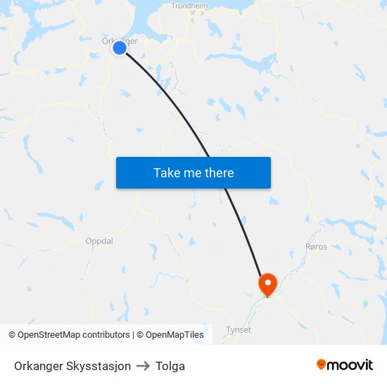 Orkanger Skysstasjon to Tolga map