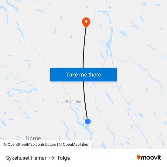 Sykehuset Hamar to Tolga map