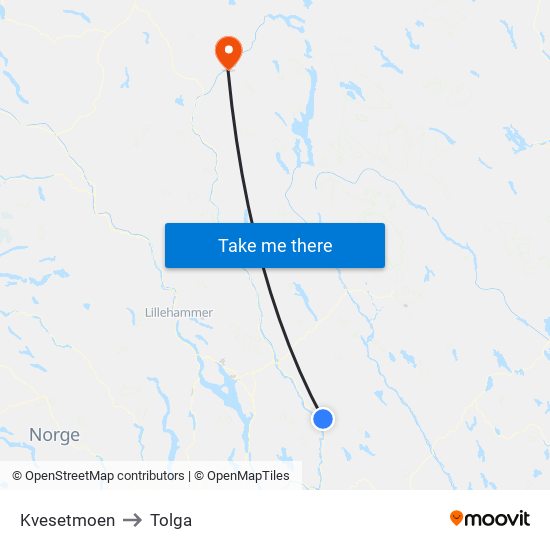 Kvesetmoen to Tolga map