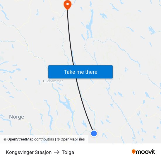 Kongsvinger Stasjon to Tolga map