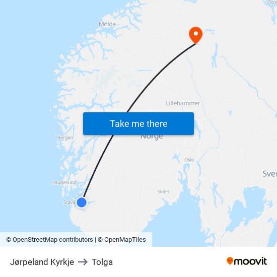 Jørpeland Kyrkje to Tolga map