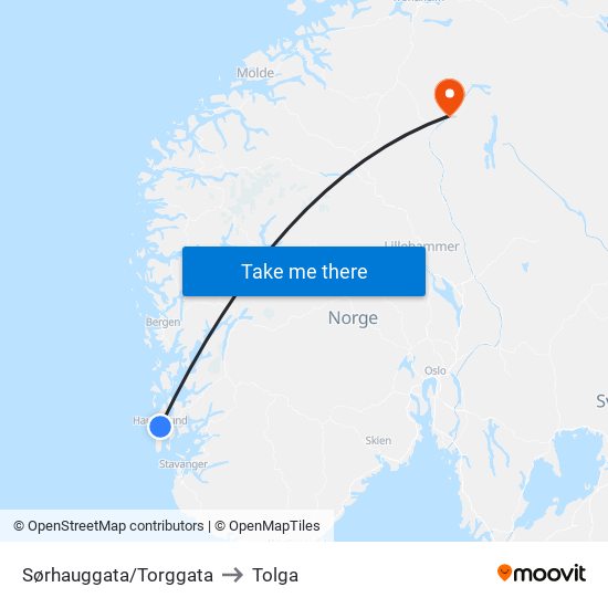 Sørhauggata/Torggata to Tolga map