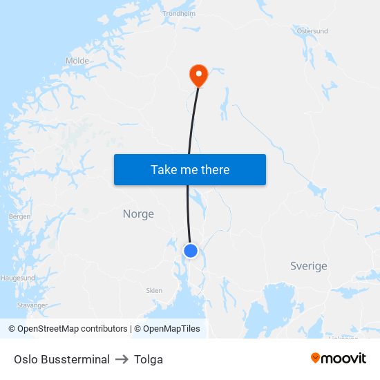Oslo Bussterminal to Tolga map