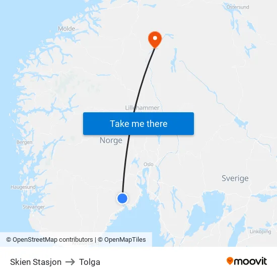 Skien Stasjon to Tolga map