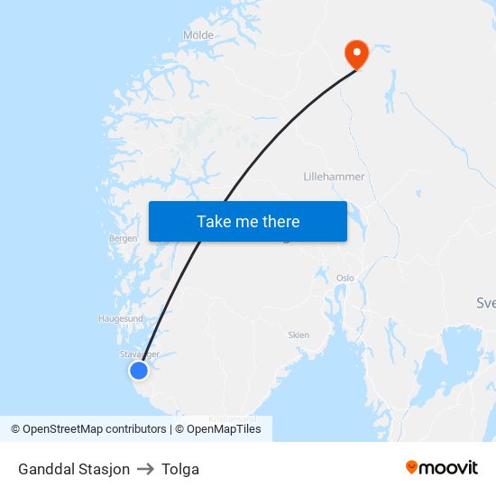 Ganddal Stasjon to Tolga map