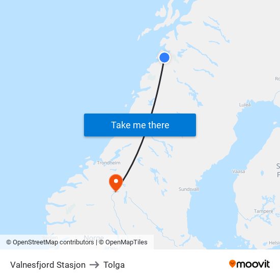 Valnesfjord Stasjon to Tolga map