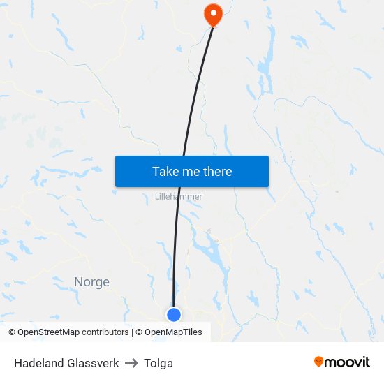 Hadeland Glassverk to Tolga map