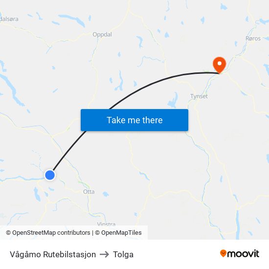 Vågåmo Rutebilstasjon to Tolga map