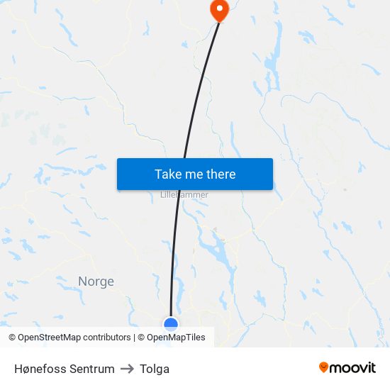 Hønefoss Sentrum to Tolga map