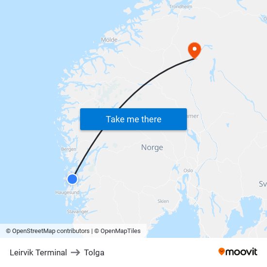 Leirvik Terminal to Tolga map
