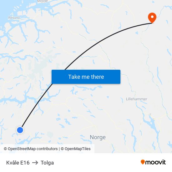 Kvåle E16 to Tolga map