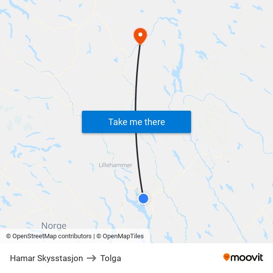 Hamar Skysstasjon to Tolga map