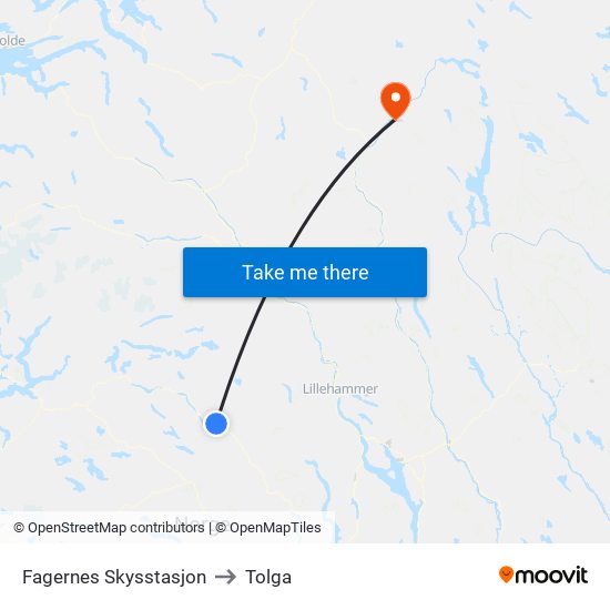 Fagernes Skysstasjon to Tolga map