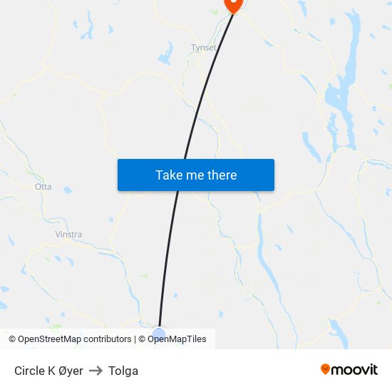 Circle K Øyer to Tolga map