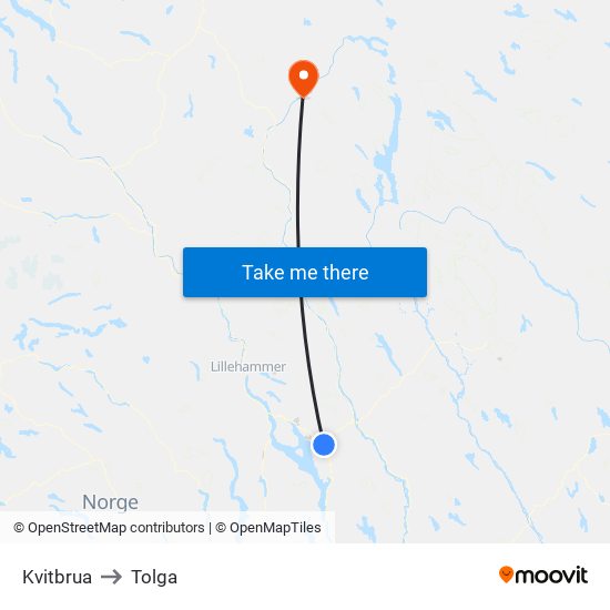 Kvitbrua to Tolga map