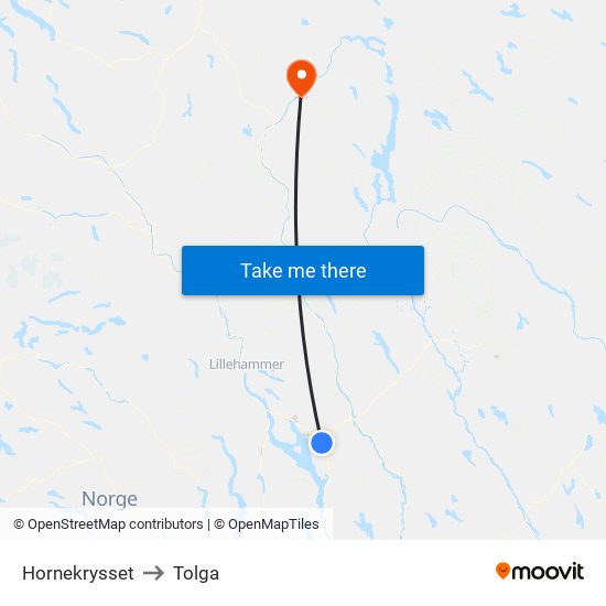 Hornekrysset to Tolga map