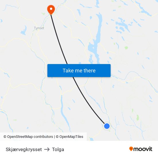 Skjærvegkrysset to Tolga map