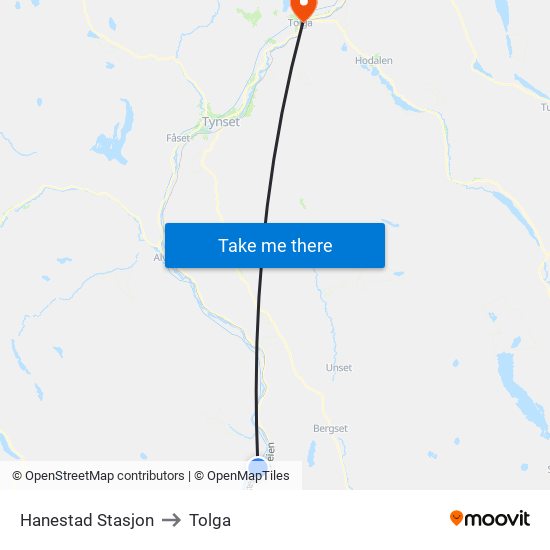 Hanestad Stasjon to Tolga map