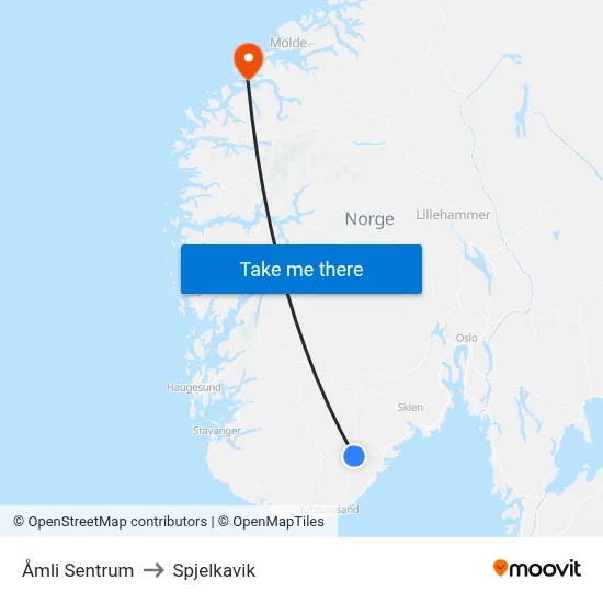 Åmli Sentrum to Spjelkavik map