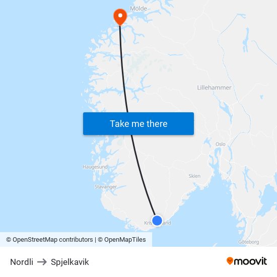 Nordli to Spjelkavik map