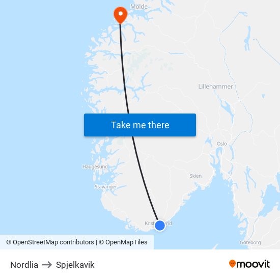 Nordlia to Spjelkavik map