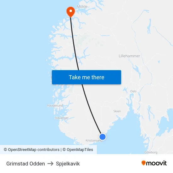 Grimstad Odden to Spjelkavik map