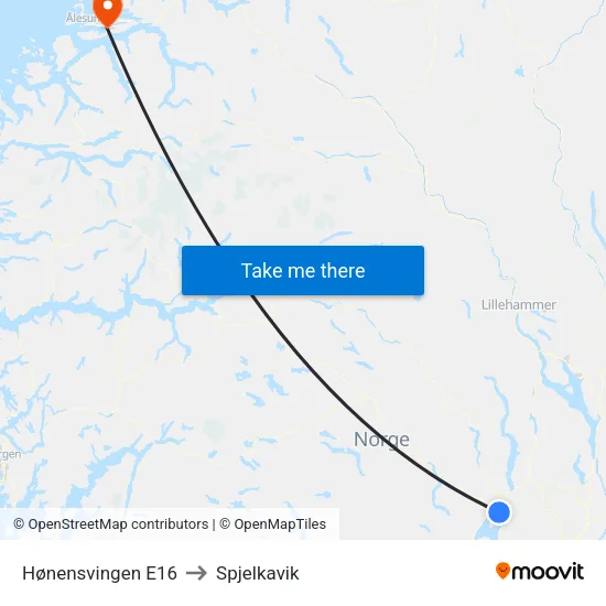 Hønensvingen E16 to Spjelkavik map