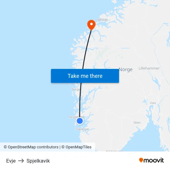 Evje to Spjelkavik map